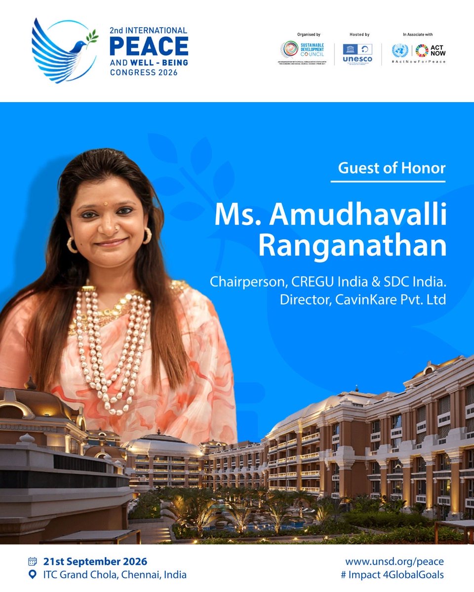 AmudhaCK's tweet photo. Looking forward to the 2nd International Peace and Well-Being Congress ‘26 in Chennai, especially the opportunity to engage with leaders, changemakers and global voices on how we can build a future where progress is measured by the positive impact we create for people and society https://t.co/KHLeXj45c3