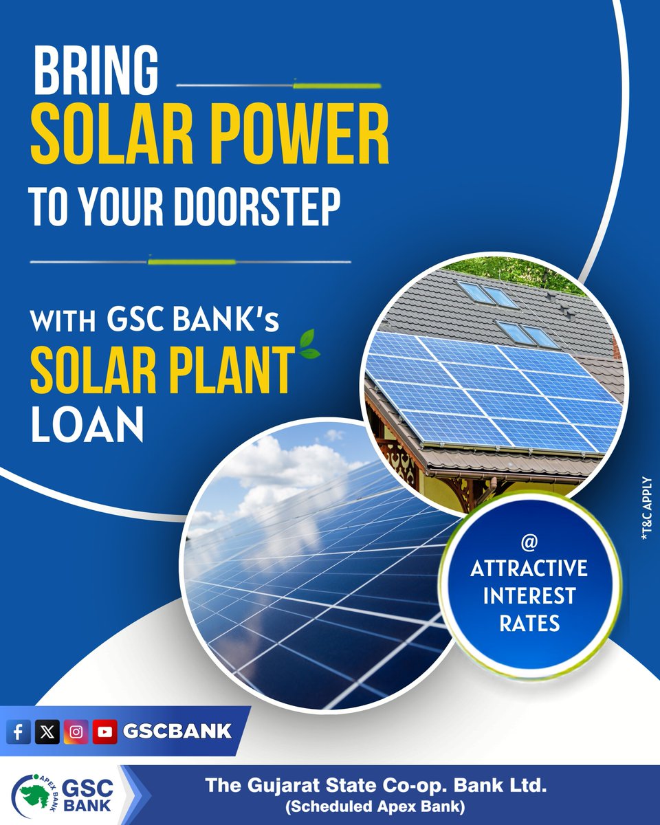GSCBank's tweet photo. BRING SOLAR POWER TO YOUR DOORSTEP WITH GSC BANK'S SOLAR PLANT LOAN.
#GSCbank #GoSolar #GoGreen #GoEcoFriendly #SaveElectricityBill #GSCB #banking #solarplants #loan #loanapproval #EasyInstallments #loanservices #commercial #domestic #visityournearestbranch https://t.co/kWIrRxf0B5