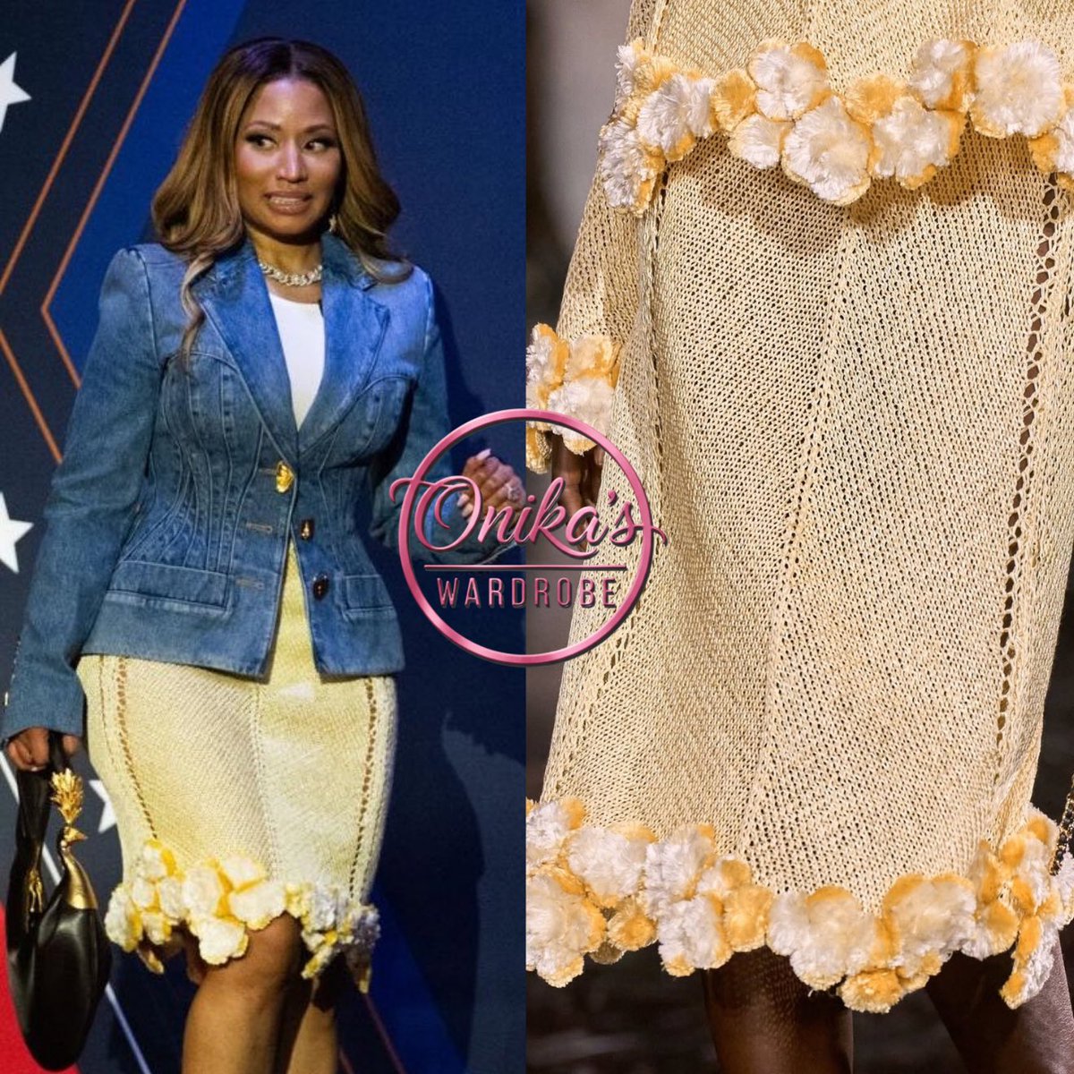 onikaswardrobe's tweet photo. Million Dollar Pitch (2026)

Nicki Minaj wearing a Brown Schiaparelli Small Soufflé Bag
($8,500, Updated Bag)

This round Soufflé bag in small size is crafted from burgundy calfskin with a burgundy leather lining, accented by a hammered gold-plated brass peacock and rhinestones on the handle, a nod to the Maison's surrealist aesthetic, which prominently features insects and animals + a better look at her wearing the Schiaparelli denim Basque jacket ($6,100) and the yellow, light yellow, and white mixed-fibers skirt from Chanel’s Spring/Summer 2026 collection