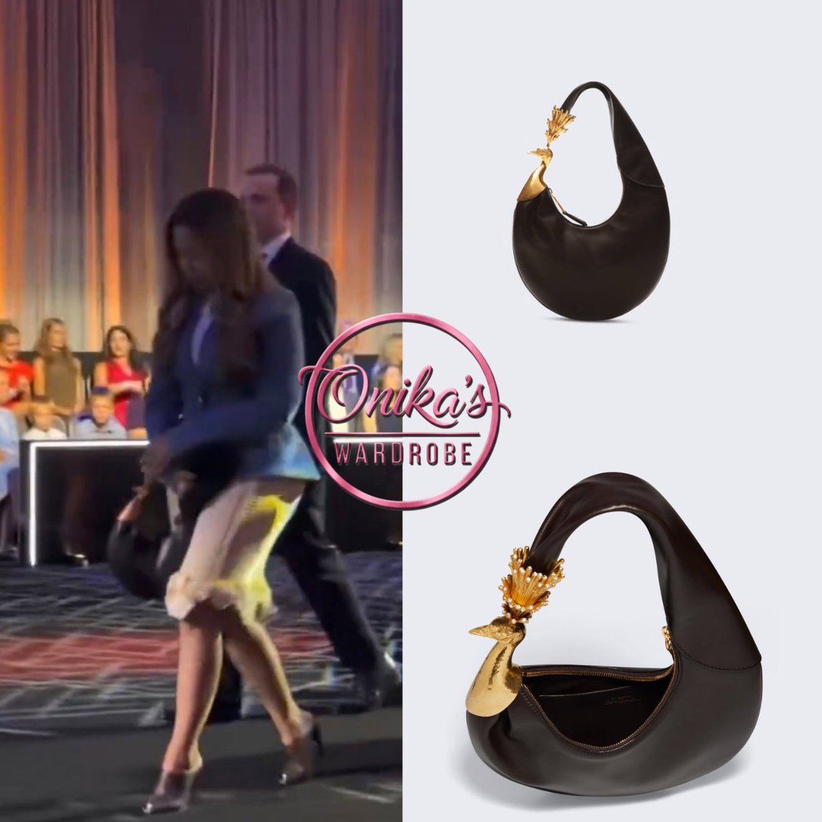 onikaswardrobe's tweet photo. Million Dollar Pitch (2026)

Nicki Minaj wearing a Brown Schiaparelli Small Soufflé Bag
($8,500, Updated Bag)

This round Soufflé bag in small size is crafted from burgundy calfskin with a burgundy leather lining, accented by a hammered gold-plated brass peacock and rhinestones on the handle, a nod to the Maison's surrealist aesthetic, which prominently features insects and animals + a better look at her wearing the Schiaparelli denim Basque jacket ($6,100) and the yellow, light yellow, and white mixed-fibers skirt from Chanel’s Spring/Summer 2026 collection