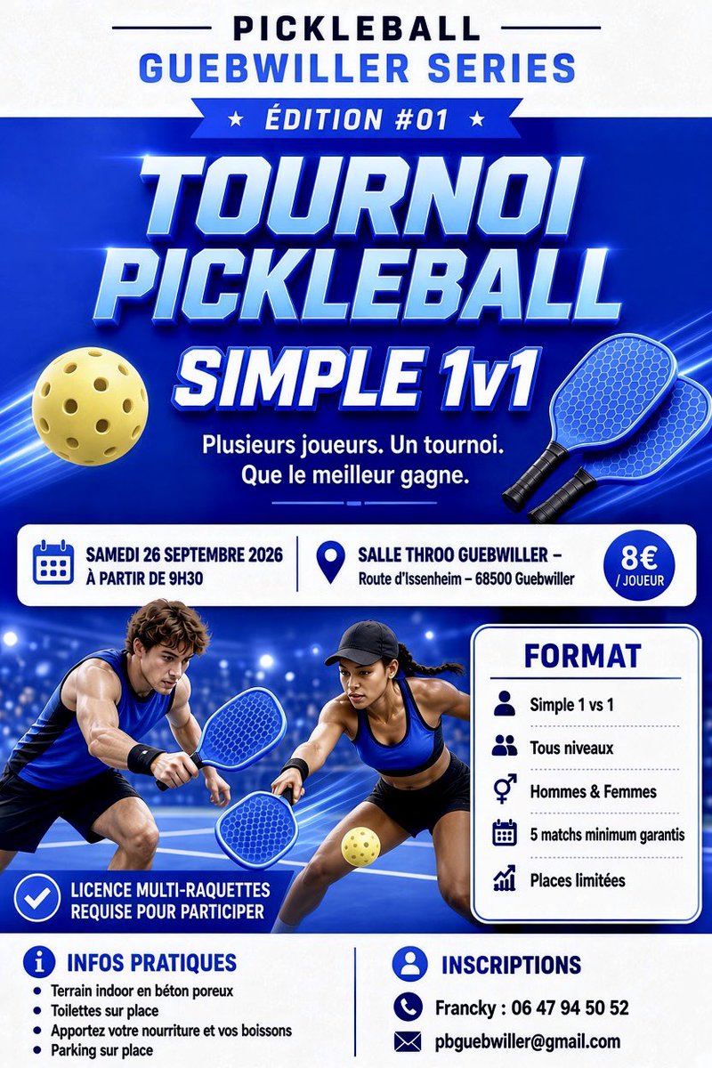 JuSmashX's tweet photo. 🏟️ PICKLEBALL GUEBWILLER SERIES ☀️
EDITION #0️⃣1️⃣ 

🔥 TOURNOI PICKLEBALL — SIMPLE 1v1

⚡ Plusieurs joueurs. Un tournoi. Que le meilleur gagne.

📅 Samedi 26 septembre 2026 — à partir de 9h30 https://t.co/FdZe8WU3sV
