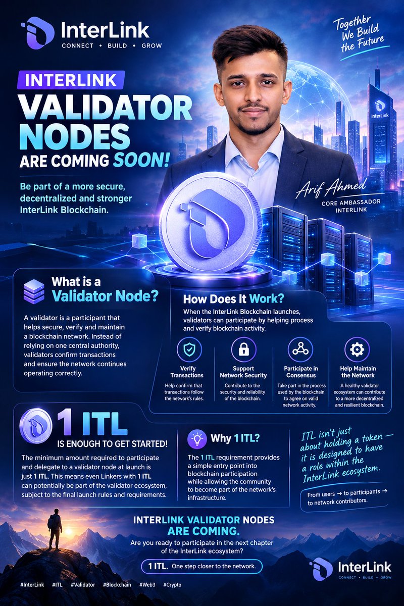 ArifAhmedITL's tweet photo. 🔥 InterLink Validator Nodes Are Coming Soon!

But what exactly is a Validator Node, and why does it matter?

A validator is a participant that helps secure, verify, and maintain a blockchain network. Instead of relying on one central authority, blockchain networks can use validators to confirm transactions and ensure that the network continues operating correctly.

⚡ How Does a Validator Node Work?

When the InterLink Blockchain launches, validators can participate in the network by helping process and verify blockchain activity.

In simple terms:

🔹 Verify transactions — Help confirm that transactions follow the network's rules.
🔹 Support network security — Validators contribute to the security and reliability of the blockchain.
🔹 Participate in consensus — Validators take part in the process used by the blockchain to agree on valid network activity.
🔹 Help maintain the network — A healthy validator ecosystem can contribute to a more decentralized and resilient blockchain.

🟢 And Here's Something Important:
1 ITL is enough to get started.

The minimum amount required to participate and delegate to a validator node at launch is 1 ITL.

That means the focus isn't only on large holders. Even Linkers with 1 ITL can potentially participate in the validator ecosystem, subject to the final launch rules and requirements.

💡 Why 1 ITL?

The 1 ITL requirement can provide Linkers with a simple entry point into blockchain participation while allowing the community to become part of the network's infrastructure.

ITL isn't just about holding a token — it is designed to have a role within the InterLink ecosystem.

🌐 From users → to participants → to network contributors.

Validator Nodes could become an important part of the next stage of InterLink Blockchain.

🔥 InterLink Validator Nodes are coming.

Are you ready to participate in the next chapter of the InterLink ecosystem?

1 ITL. One step closer to the network.

@kv_interlink @reina_itl @miratang16 @inter_link @itl_fdn 

#InterLink #ITL #ITLG #Validator #Blockchain #Web3 #Crypto #InterLinkBlockchain