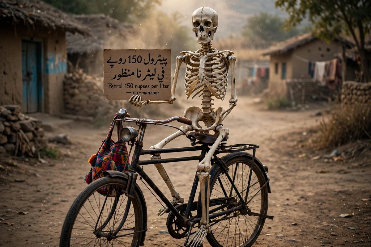 abroahsan's tweet photo. This NRH (non resident Hyderabadi) while continuously protesting against the petrol price of 150 Rs, turned into a skeleton and petrol has crossed the 400 Rs mark. Now we are looking for someone else who will go out on a bicycle and protest against the new petrol prices https://t.co/F89pBjkVPr