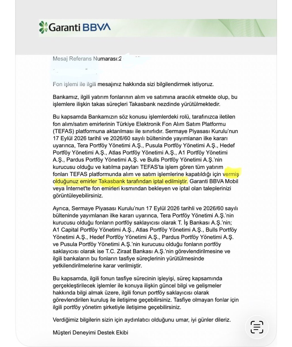 Muratca13548299's tweet photo. @KeremSerindere1 
Garanti Bankası 17 Eylül 2026 saat:13:30  öncesi emirlerin TAKASBANK tarafından iptal edildiğini bilgi verdi. https://t.co/gUh1yMtRR4