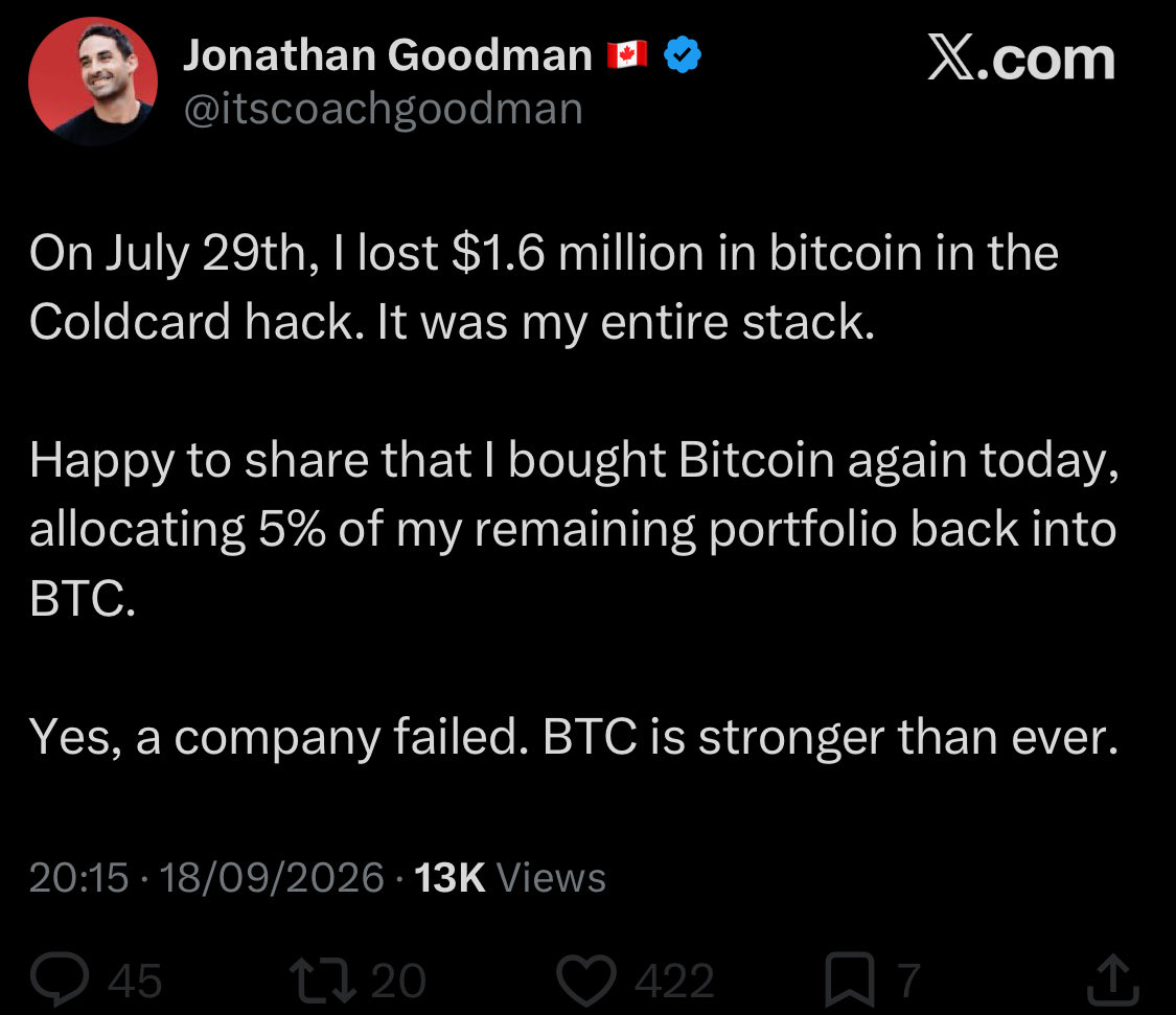 BitcoinToSaveUs's tweet photo. Jonathan Goodman is such a forgiving and open minded individual that he blocked me because like many others, I questioned his ColdCard hack narrative.

He said he did everything to protect his Bitcoin before losing it but he didn’t by not adding a high entropy passphrase.

Yeah… https://t.co/uIljCmsneS