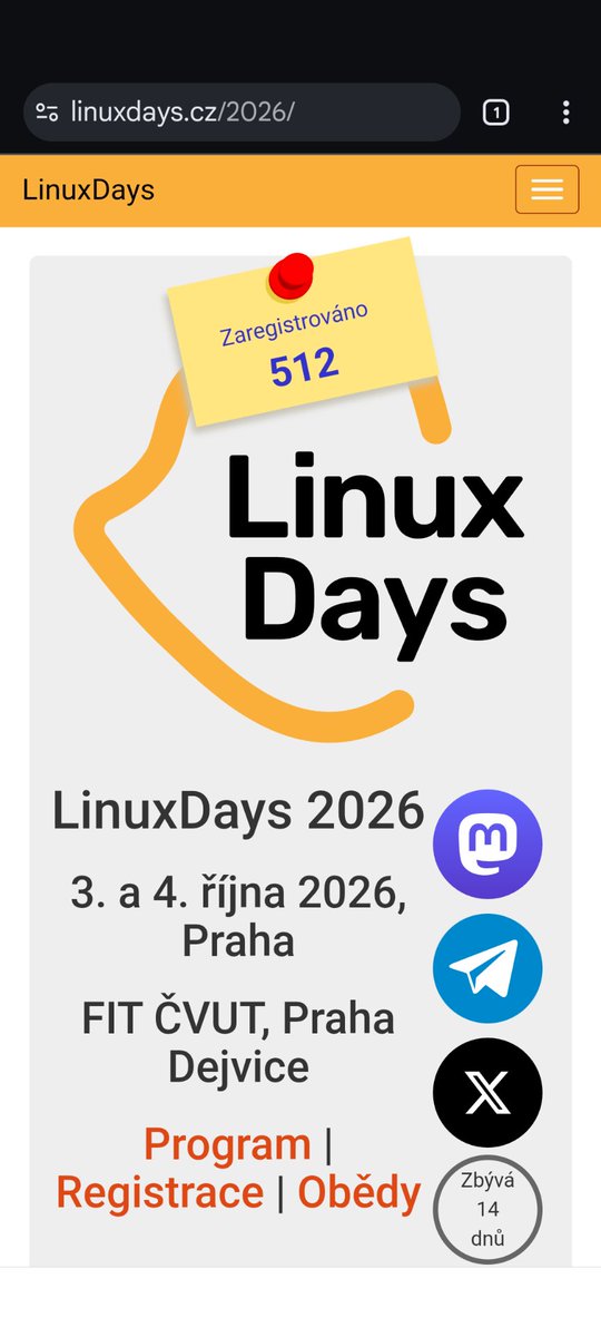 LinuxDaysCZ's tweet photo. Máme kulatých 512 registrací! Už za dva týdny se sejdeme na #LinuxDays v Praze.

https://t.co/f2MoewICk0 https://t.co/NHXQHlaZNV