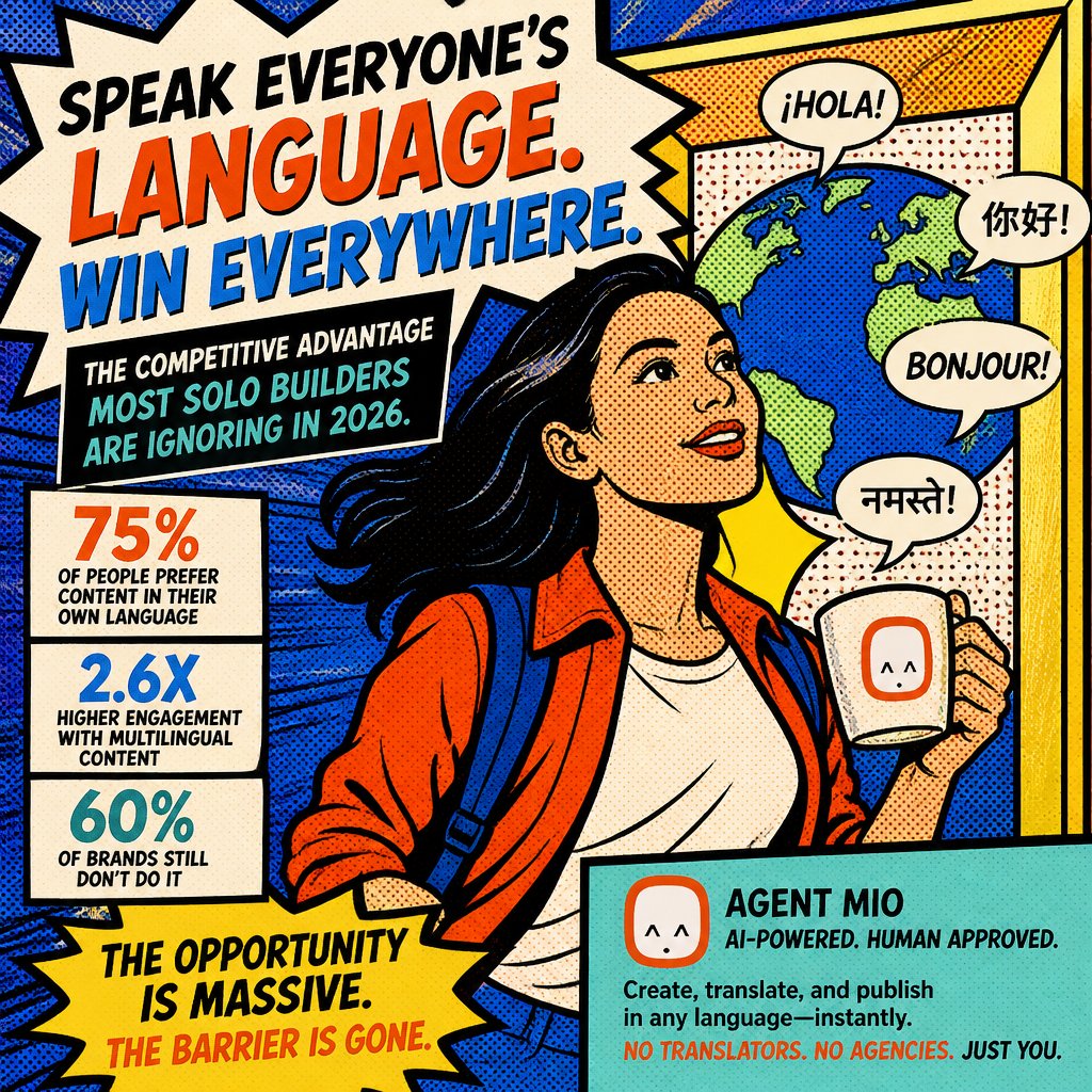 AgentMio's tweet photo. A solo builder posted one product update in Spanish last month. It outperformed every English post that quarter—72% more engagement.

That's not luck. It's an open market most creators ignore.

Agent Mio auto-translates your content, no agencies needed.

#SoloBuilders #AIMarketing