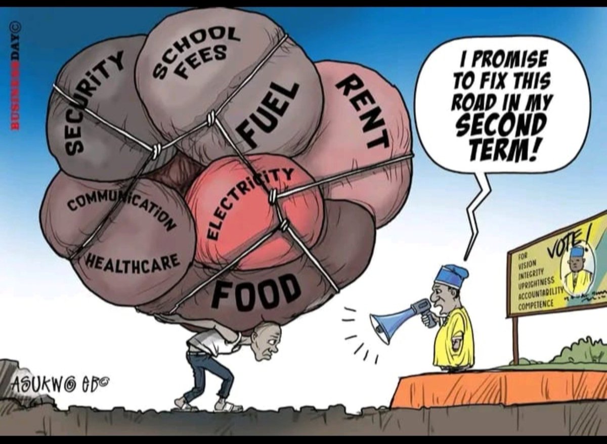 JimmyAdeomi's tweet photo. A Nigerian bent double under the heavy load of FOOD, FUEL, ELECTRICITY, RENT, SCHOOL FEES, SECURITY, HEALTHCARE &amp; COMM., while a politician on a podium with a megaphone shouts, "I promise to fix this road in my second term!" It is not funny, offering a drowning man a lipstick? https://t.co/QAcpdlzFmm