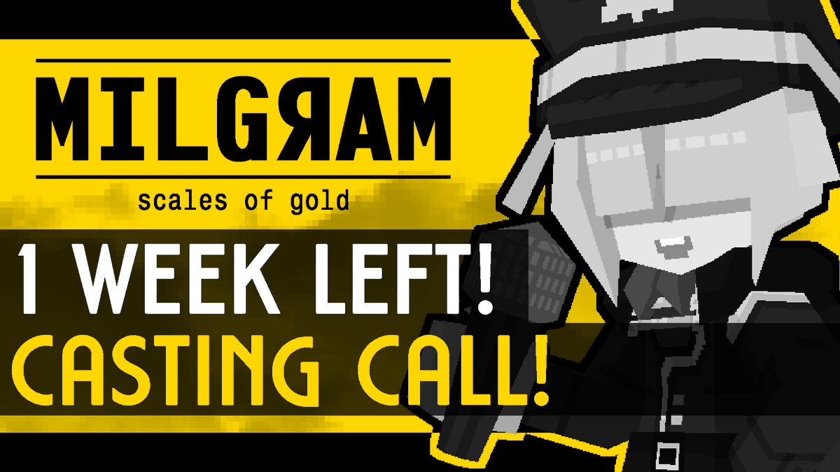 rara_lazydaisy's tweet photo. THERE'S ONLY ONE WEEK LEFT TO AUDITION FOR MILGRAM: SCALES OF GOLD!!! AAAH!!!

There are slots open for voice actors, artists, and (especially) audio mixers!!!

Thank you so, so, SO much to everyone who has auditioned so far!

#castingcall #milgram #ocgram #milgramGOLD https://t.co/MhqY4nSQQ9