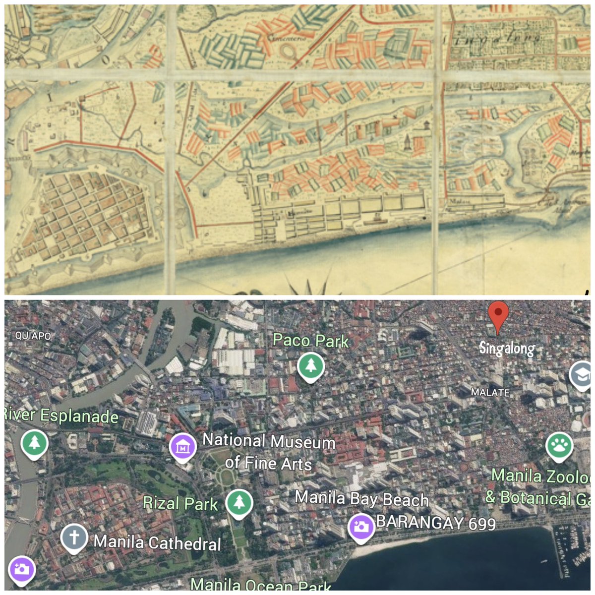 nababaha's tweet photo. UPRI-NOAH is teaming up with the UP Department of History to dig up Metro Manila’s lost waterways, tracing rivers, esteros, and water channels that have disappeared, narrowed, or been buried beneath the city.

These are some of our team’s initial discoveries:

1. We have an 1826 topographic map 😲 covering Manila, Makati, and parts of Malabon, Caloocan, Navotas, Valenzuela, San Juan, Quezon City, Pasay, Mandaluyong, and Pasig. This is a remarkable historical window into how the landscape and waterways looked nearly 200 years ago.

2. Taft Avenue was once a considerably large waterway.

3. The Manila Yacht Club is located at the river mouth.

4. Estero de Pandacan used to be remarkably wide, nearly as wide as the Pasig River. Its present-day form gives little indication of its former extent.

Map courtesy of Real Kerbz Clado Alvarez