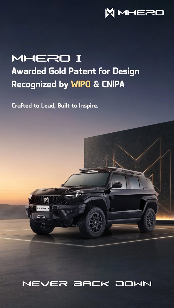 MHERO_Motor's tweet photo. World-class design, globally recognized. 🏆
The #MHEROI wins the Gold Patent Award for Exterior Design—jointly awarded by WIPO & CNIPA.
Pioneering design. Uncompromised power.
#MHERO #NeverBackDown #DesignAward #WIPO #LuxuryEV #OffRoad https://t.co/qAkkvyh2bo