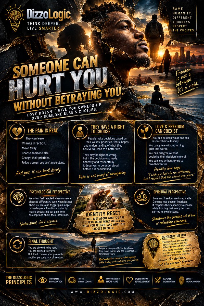 DizzoLogic0101's tweet photo. Someone can hurt you without betraying you.
You can be deeply hurt by someone’s choice and still respect their right to make it.
Your pain is valid. Their autonomy is real.
Healing begins when you stop confusing “I wish you’d chosen differently” with “you had no right to choose.” https://t.co/hS0eFlCjBt