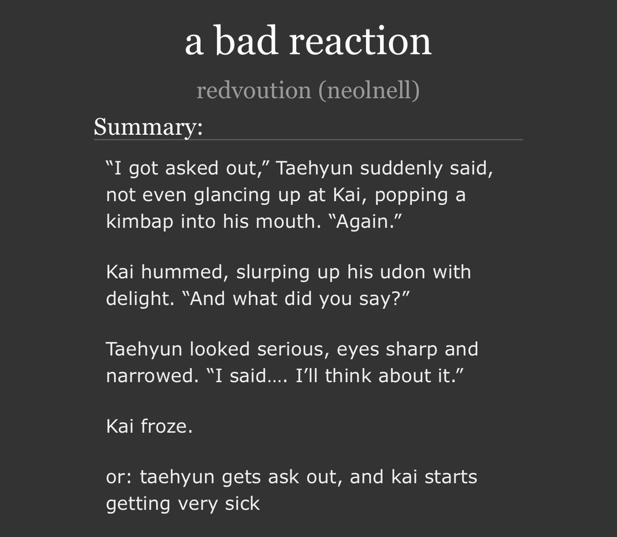 redvoution's tweet photo. a bad reaction by redvoution (neolnell) - TOMORROW X TOGETHER | TXT (Korea Band) https://t.co/mHZWia8Qhe via @ao3org

smoll tyunning fic 💜 
#txt #tyunning #fanfic #TOMORROW_X_TOGETHER https://t.co/fMk89n60vL