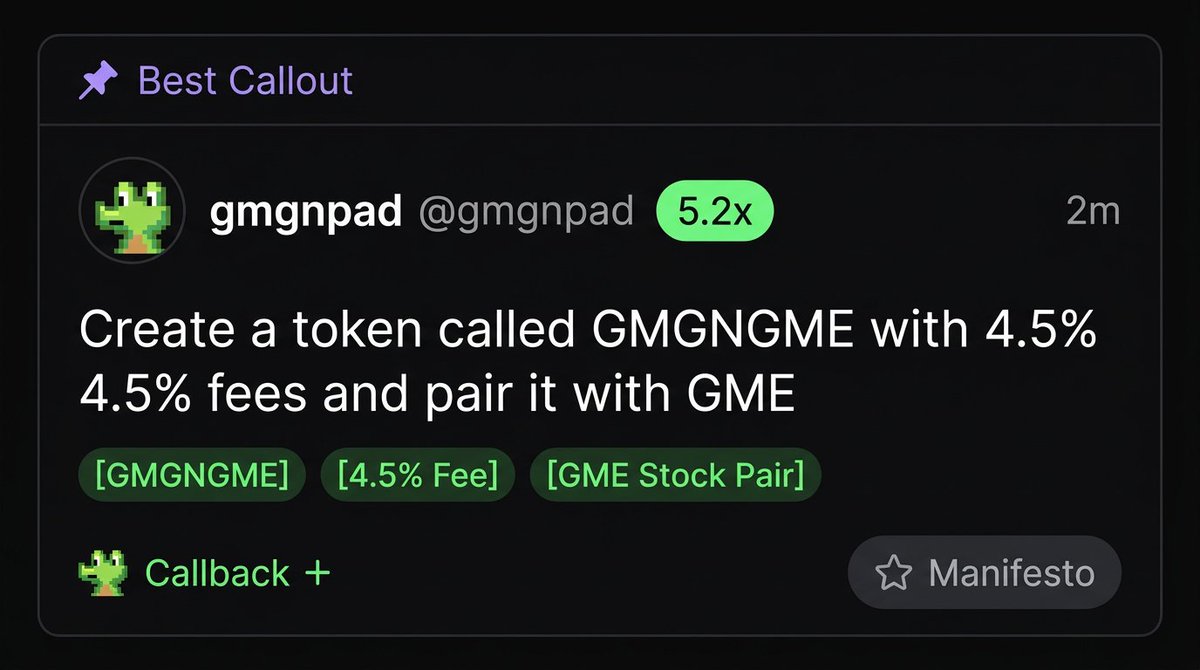 gmgnpad's tweet photo. New update pushed! Now through a @gmgnai callout on our token $GMGNPAD you can:

- Pair it against a stock

"launch a coin called gmgn, pair it with GME"

- Set your own fee

"launch a coin called gmgn with 4.5% fees"

- A name is enough

"create a token with the name pikachu -> $PIKACHU"

- Art from your words

"launch a coin called banana, a fried chicken for the image"

All the tokens are deployed through @ponsdotfamily 

https://t.co/zh3DFnkj7Z