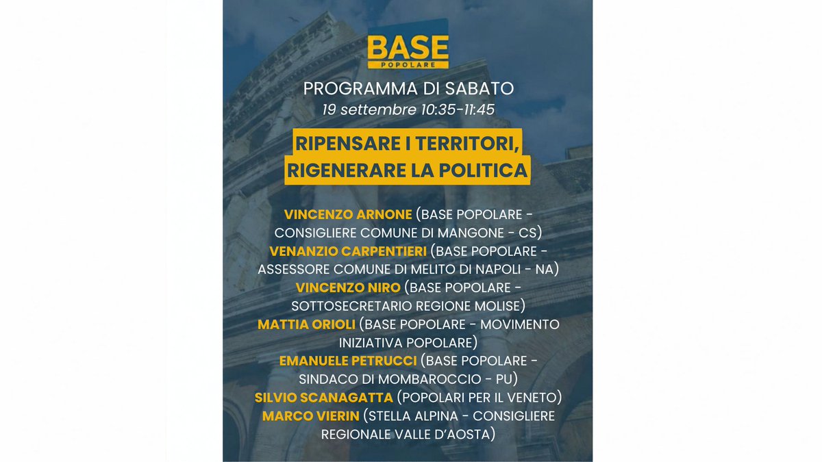BasePopolare's tweet photo. #Oltre le frammentazioni e il cinismo politico, un incontro per ritrovare le ragioni dello stare insieme.
#BasePopolare

⬇️Il programma di oggi https://t.co/obBbqyEdMY