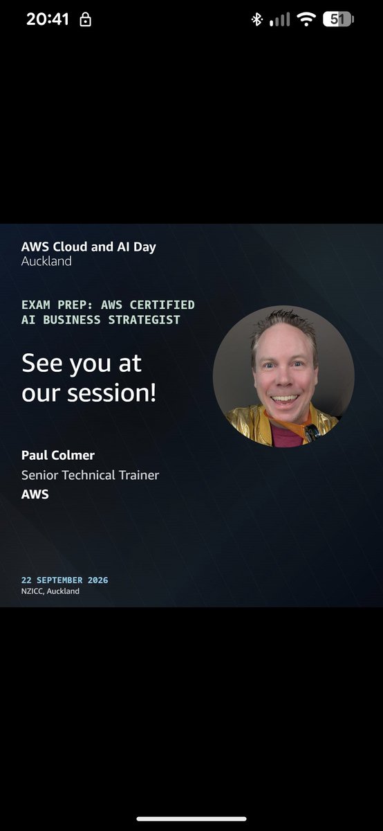 DigitalColmer's tweet photo. 😍 G'day Beautiful People.  I'm super excited to be presenting at AWS Cloud & AI Day in Auckland...and I'll be running two awesome exam prep sessions, both relating to Cloud and AI... 🚀 

TNC101
Room 305
Exam Prep: AWS Certified AI Practitioner
11.30-12.15

TNC102
Room 305
Exam Prep: AWS Certified AI Business Strategist
13.45-14.15

I'll walk you through each cert, the four steps to success, we'll run a fun trivia quiz...and of course there will be jokes and humour along the way.  I don't do boring.... 😂 

Come and say hi...and feel free to grab a selfie with me and my world famous Golden Jacket... 🧥 

Let me know what you're looking forward to seeing, at AWS Cloud & AI Day in Auckland.  Pop your feedback below.... 👇 

At Digital Colmer...exam prepping off... 📺 

P

#TheDigitalCoach #AWS #Auckland