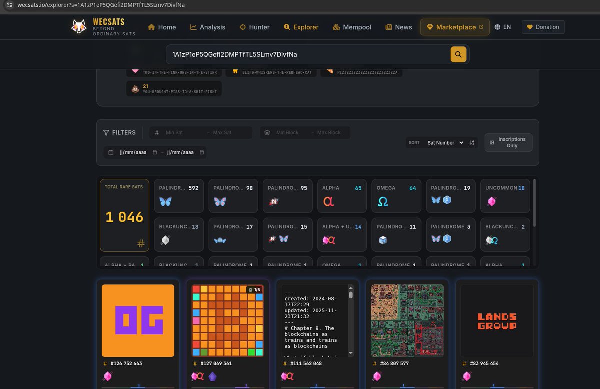 Inatendu29's tweet photo. Testing against the final boss of Bitcoin: Satoshi's Genesis address.  
 While others fail or only do half the job:
❌ Magisat: crashes / fails completely
⚠️ Ordiscan: fast on inscriptions, fails on rare sats
⚠️ UniSat: lists inscriptions, ignores rare sats

⚡️ Engine overhaul across our entire stack:
✅ 69,135 Inscriptions loaded effortlessly
✅ Complete Rare Sat breakdown indexed in real time

Who benefits?
🛒 https://t.co/sBoI8YiEBN: Marketplace wallet connections and portfolio inventories load at lightning speed.
🛠️ WecSats API: Devs get batched, lightweight endpoints with zero bloat and block-bound caching.
🔍 https://t.co/qnzJVRqtBd: Deep numismatic queries without browser lag. Zero third-party API dependencies. Pure sovereign Bitcoin Core.
Explore wallets at flash speed:
👉 https://t.co/sBoI8YiEBN
👉 https://t.co/qnzJVRqtBd

#Bitcoin #Ordinals #RareSats