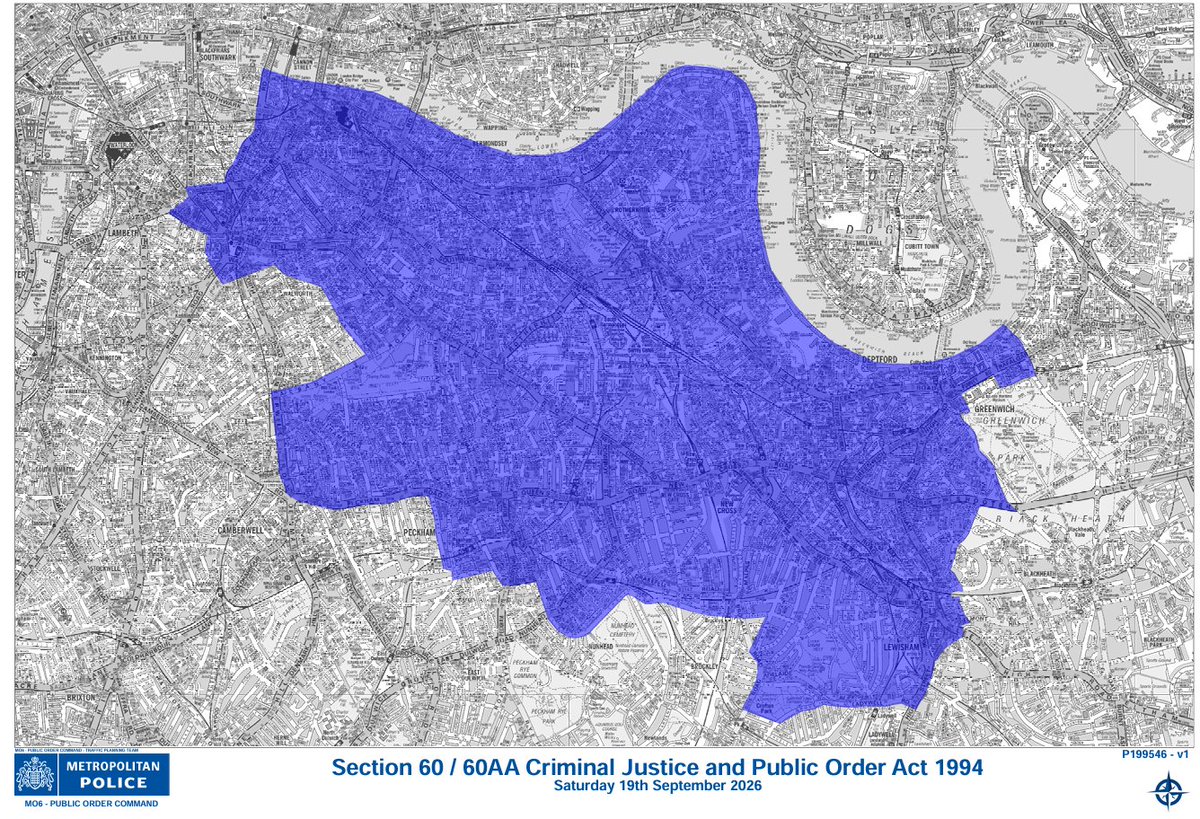 metpoliceuk's tweet photo. A Section 60 order has been authorised for today’s fixture of @MillwallFC vs @WestHam. This gives police enhanced powers to stop and search people and vehicles without the usual requirement of reasonable suspicion. 

This will cover the area shown on the map and will run until 20:00hrs on Saturday, 19 September. You can expect to see additional officers in the area too, providing visible reassurance and working with partners to keep ticket holders and the wider public safe.