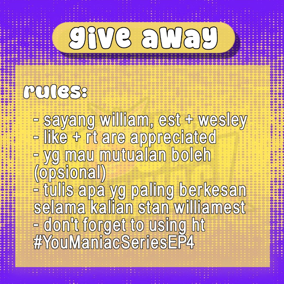 matcxachoco's tweet photo. ❗GIVE AWAY ALERT❗

for 4 winners:
- WilliamEst YM + PC riser  + 2 pin
- William YM half zoom + PC aeh + 2 pin
- Est YM half zoom + PC aeh + 2 pin
- 2 PC aeh + 2 pin 
(pemenang bisa bertambah, tergantung mood 🤗)

rules ada di foto yap 🫰🏻
end 20/09 (15:00)

#YouManiacSeriesEP4 https://t.co/EdH9AZsuHr