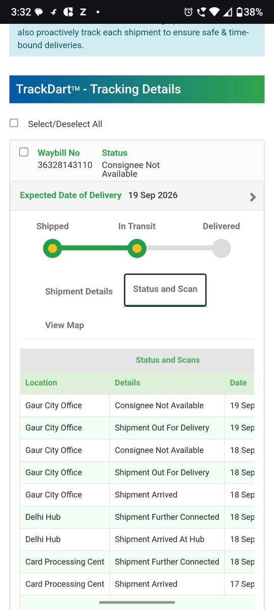 AtulSaxena1982's tweet photo. @BlueDart_ NOT EXPECTED FROM BLUEDART. NO ATTEMPT OF DELIVERY MADE BUT WRONG COMMENTS ENTERED BY DELIVERY PARTNER. I am waiting for my packet since yesterday at the designated address but only wrongdoing by BlueDart. 
AWB # 36328143110 https://t.co/ppAYwW3bvG