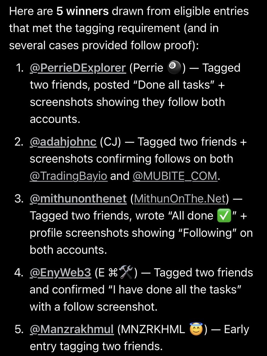 TradingBayio's tweet photo. Congratulations to our winners of the @MUBITE_COM giveaway:

@PerrieDExplorer 
@adahjohnc 
@mithunonthenet 
@EnyWeb3 
@Manzrakhmul 

Please send us your email via DM. https://t.co/zfULhnmCOf