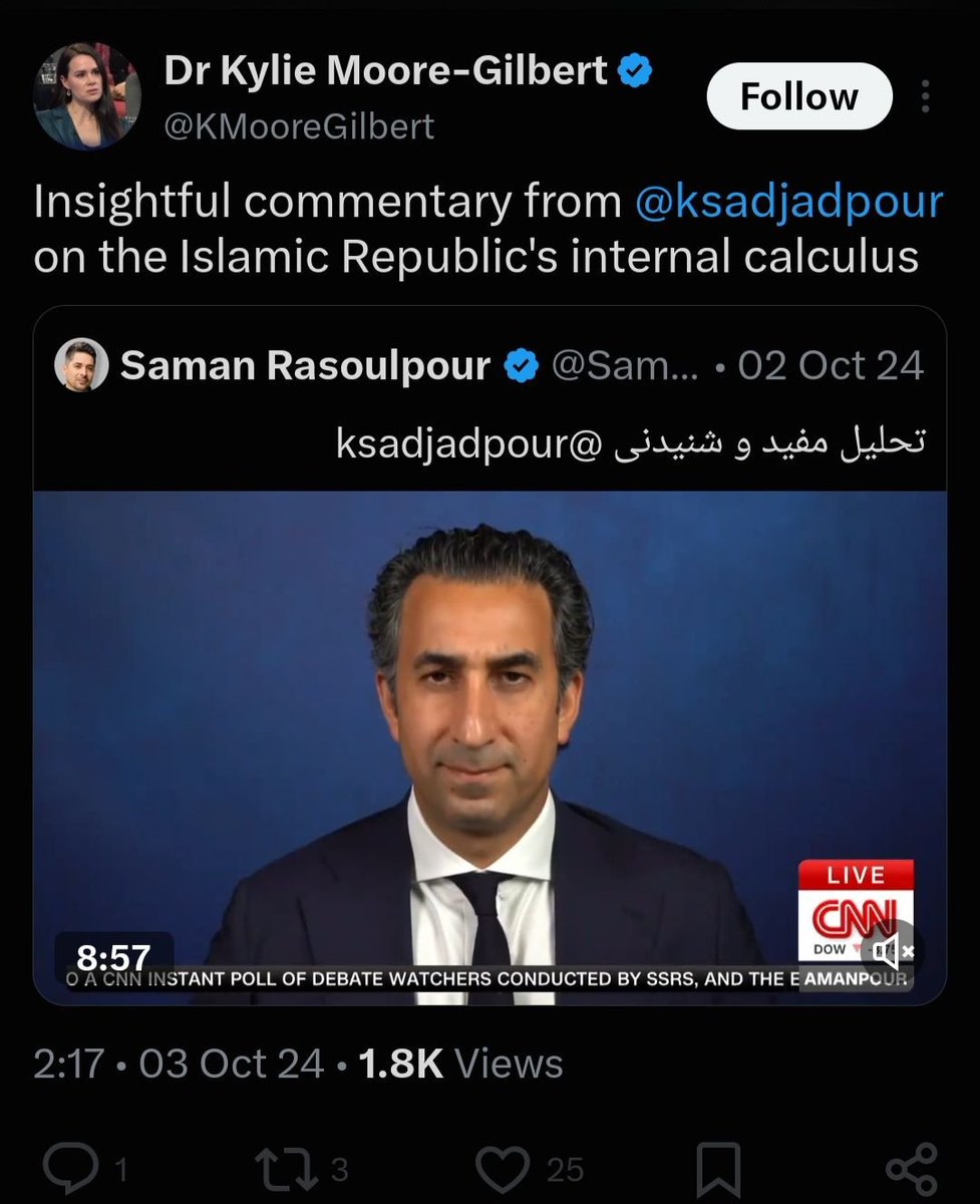 ___IRANI's tweet photo. من واقعاً تعجب می‌کنم که بعد از ۵ سال بحث و دعوا، هنوز بچه‌های توییتر که از مطلع‌ترین افراد در مسائل سیاسی هستند، در مورد «کایلی مور-گیلبرت» مرتکب اشتباه فاحشی می‌شوند. به این نگاه نکنید که ۴ تا اکانت مجاهد، تجزیه‌طلب یا پهلوی‌ستیز از کایلی مور-گیلبرت حمایت می‌کنند! اگر به مصاحبه‌های او گوش بدهید، مقالاتش را خوانده باشید یا پست‌هایش را به‌طور منظم دنبال کرده باشید، متوجه چند نکته می‌شوید:
​۱. از دخالت و حمله نظامی حمایت نمی‌کرد و مدعی بود که این وظیفه مردم داخل است که رژیم را براندازند. 
امروز هم ادعا میکنه رژیم ضعیف شده، ترامپ هدفی از این حملات ندارد، با اون نیرویی که اسلحه را کنترل می‌کند،  باید یک دیلی بسته شود! 

۲. ادعا کرده بود مریم رجوی و رضا پهلوی صرفاً مدعی هستند، ولی در داخل حمایتی ندارند و رهبر آینده در داخل است.
۳. صحبت‌های کریم سجادپور را تایید کرده و گفته بود نگران نباشید، علی خامنه‌ای می‌میرد و پسرش مثل بن‌سلمان خواهد شد و کلی اصلاحات خواهد آورد.
۴. در تمام مصاحبه‌هایش از ولی نصر و کریم سجادپور به عنوان متخصص مسائل ایران نام برده و ادعا کرده بود که به این‌ها گوش بدهید.
۵. در مقاله‌ای عنوان کرده بود که به مسیح علی‌نژاد گوش بدهید.
۶. پابه‌پای لابی جمهوری اسلامی، به کاربران آنلاین گفت «بات اسرائیلی».
۷. مقاله‌ای نوشت و گفت اسرائیل کلی ایرانی را در داخل کشور استخدام کرده است.
۸. از سیامک نمازی، جیسون رضاییان و مازیار بهاری به عنوان دوستان نزدیکش نام برد و از طریق آرش عزیزی و... کاملاً حمایت شد.
​واقعاً آن‌وقت شما به این شخص می‌گویید مجاهد؟!
خیر، از ۵ سال پیش زمانی که در موردش می‌نوشتم، می‌گفتند این یک دعوای شخصی است؛ اما امروز می‌بینید که اصلاً دعوای شخصی در کار نبود و این شخص از روز اول با کلاهبرداران استرالیا در تماس بود و من فقط اون کلاهبرداران رو می شناختم