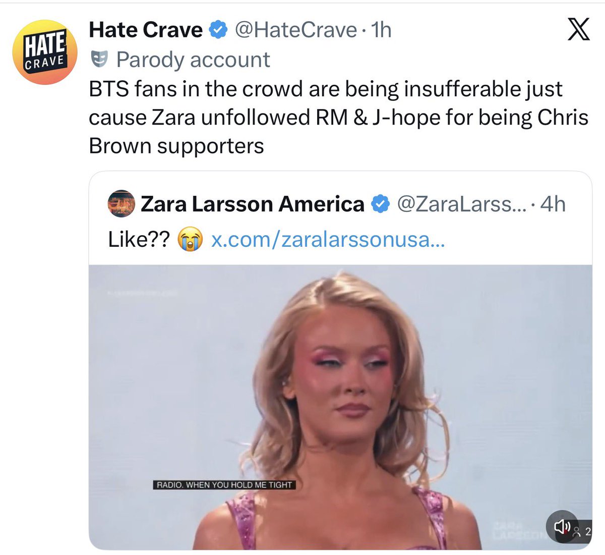 amevvil's tweet photo. zara larsson never even followed any bts members in the first place for her to unfollow them, and the crowd criticism from zara fans isn't even about bts fans at all 😭 https://t.co/2pdOPJNZoU
