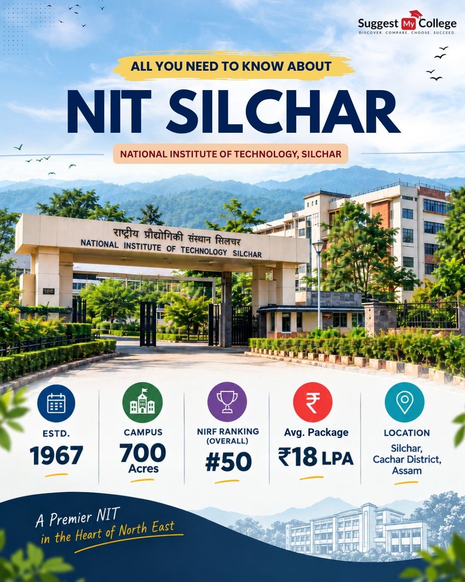 suggestmycolleg's tweet photo. 🎓 All You Need to Know About NIT Silchar!
📚 Learn. Innovate. Explore. Excel.
#NITSilchar #NITS #NationalInstituteOfTechnology #TopEngineeringColleges #EngineeringColleges #JEE #CollegeAdmissions #CollegeLife #EngineeringEducation #CollegeGuide #SuggestMyCollege https://t.co/VhvqZvtv4e