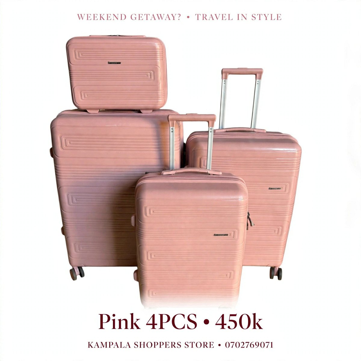 KShoppersUG's tweet photo. WEEKEND GETAWAY? • TRAVEL IN STYLE 💖

Pink 4PCS PP Set • 450k

Premium Hard | Spinner Wheels | 4 Sizes

📍 KAMPALA SHOPPERS STORE
📲 0702769071

#WeekendGetaway #PinkSuitcase #450kUG #KSS #TravelUG https://t.co/yoJP3Y4O3J