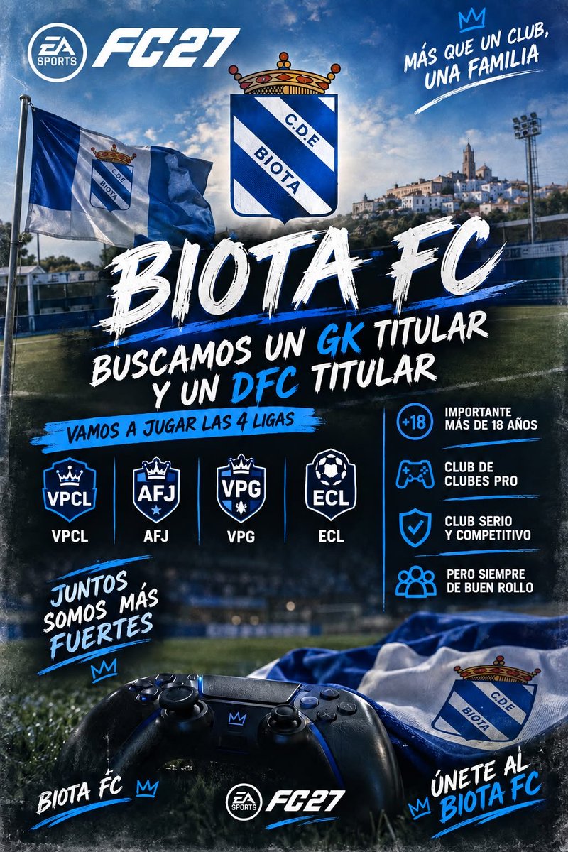 BiotaFC's tweet photo. Buscamos Portero y defensa central para cerrar plantilla para el fc27.
Equipo bastante competitivo con muchas ganas de ganar .
Hay muy buen rollo , venir y comprobarlo.
@_chocolate3000 
@jugadores_eafc 
@VPG_Spain 
@ClubesProAyudas 
@fichajes_clubes 
@AyudaInfoClubes https://t.co/n5kRe34wwy