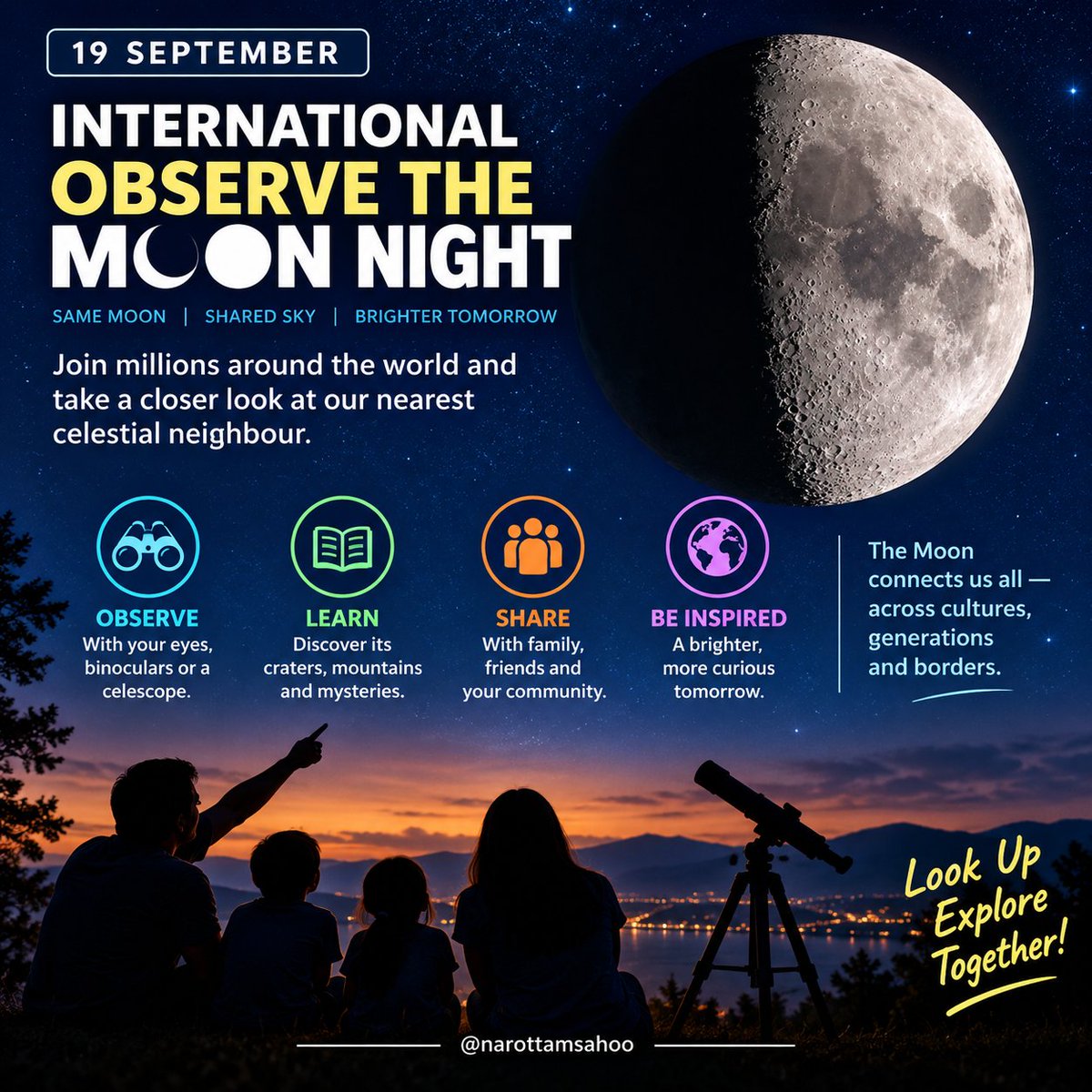 narottamsahoo's tweet photo. Look up tonight - our nearest celestial neighbour is waiting to tell a story!

This 19 September, join millions around the world for #InternationalObservetheMoon Night 2026.

Take a few moments this evening to look at the Moon with your family, friends, binoculars or telescope - and discover its craters, mountains, shadows and stories.

#NASA encourages everyone to participate, from wherever they are. 

Let curiosity turn a simple glance at the Moon into a journey of #science, #exploration and #imagination.

Look up. Observe. Wonder. Learn. Share.

@NASAScience_ @SciInteresting @PopSci @CuriousMindsHub @isro @mygovindia
