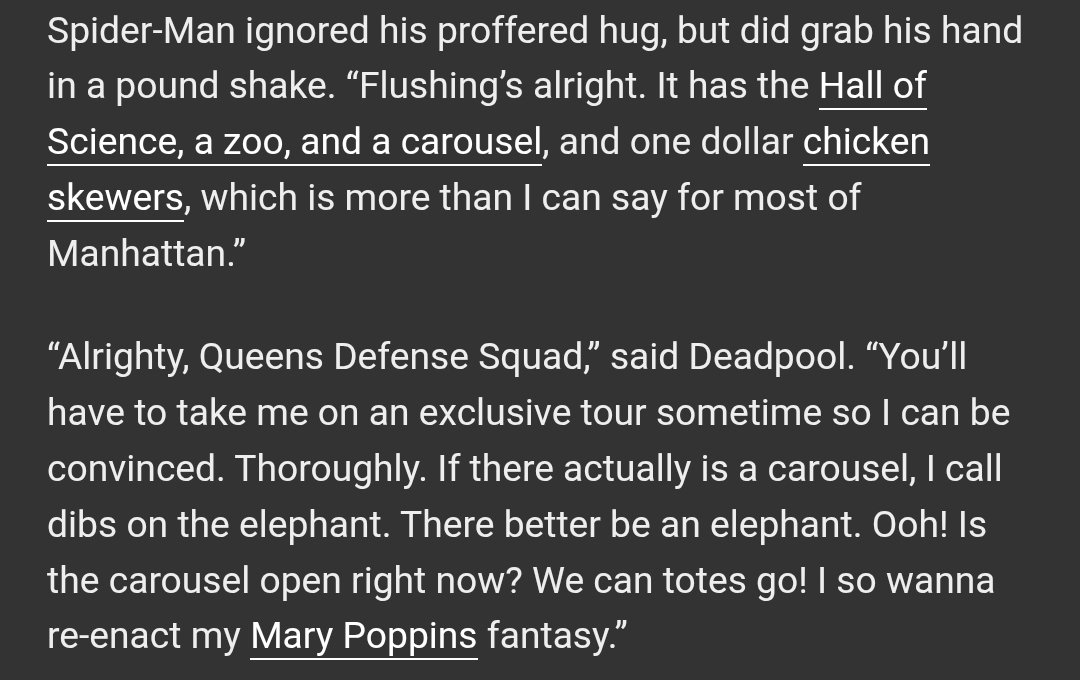 itspbparker's tweet photo. I was wondering why this fanfic had so many hyperlinks

AND THEN I REALIZED

THE AUTHOR HYPERLINKED EVERY. SINGLE. REFERENCE.

And knowing #spideypool, THEY HYPERLINKED SO MUCH?? This is so fucking cool and so much effort was put into this shit

Also really fun read! 🔗↓ https://t.co/LdzGj8ye0e