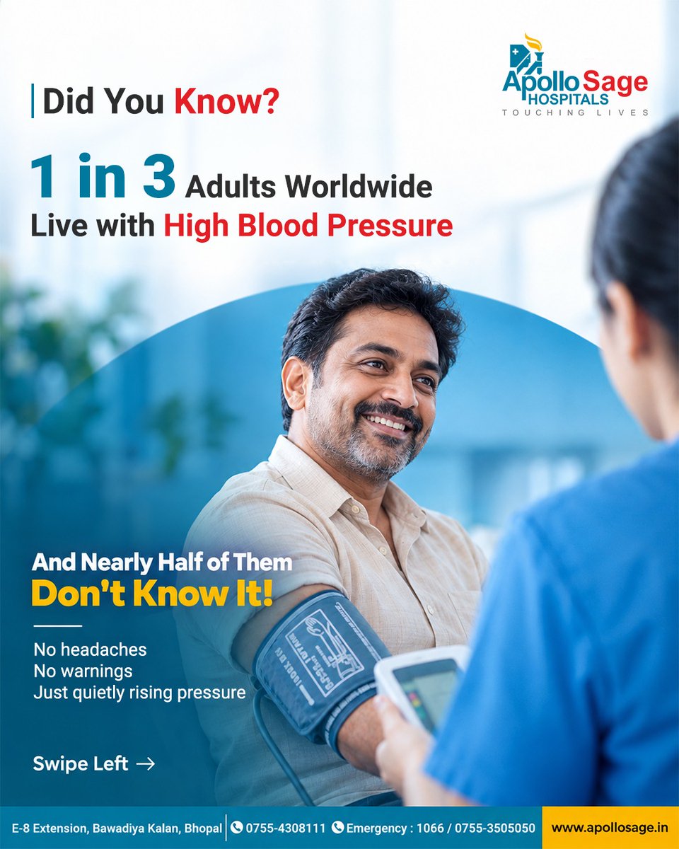 ApolloSageH's tweet photo. 1 in 3 adults has high BP, and half don't even know it! No warnings, no pain—just silent risk. Check your BP today at Apollo Sage Hospitals. 🩺❤️
📍 Bhopal | 📞 0755-4308111 | 🚨 1066
.
#HighBP #ApolloSage #Bhopal https://t.co/H0Y98odUF7