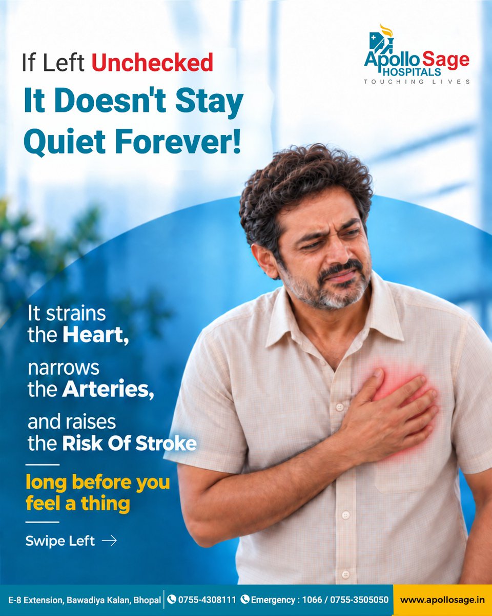 ApolloSageH's tweet photo. 1 in 3 adults has high BP, and half don't even know it! No warnings, no pain—just silent risk. Check your BP today at Apollo Sage Hospitals. 🩺❤️
📍 Bhopal | 📞 0755-4308111 | 🚨 1066
.
#HighBP #ApolloSage #Bhopal https://t.co/H0Y98odUF7