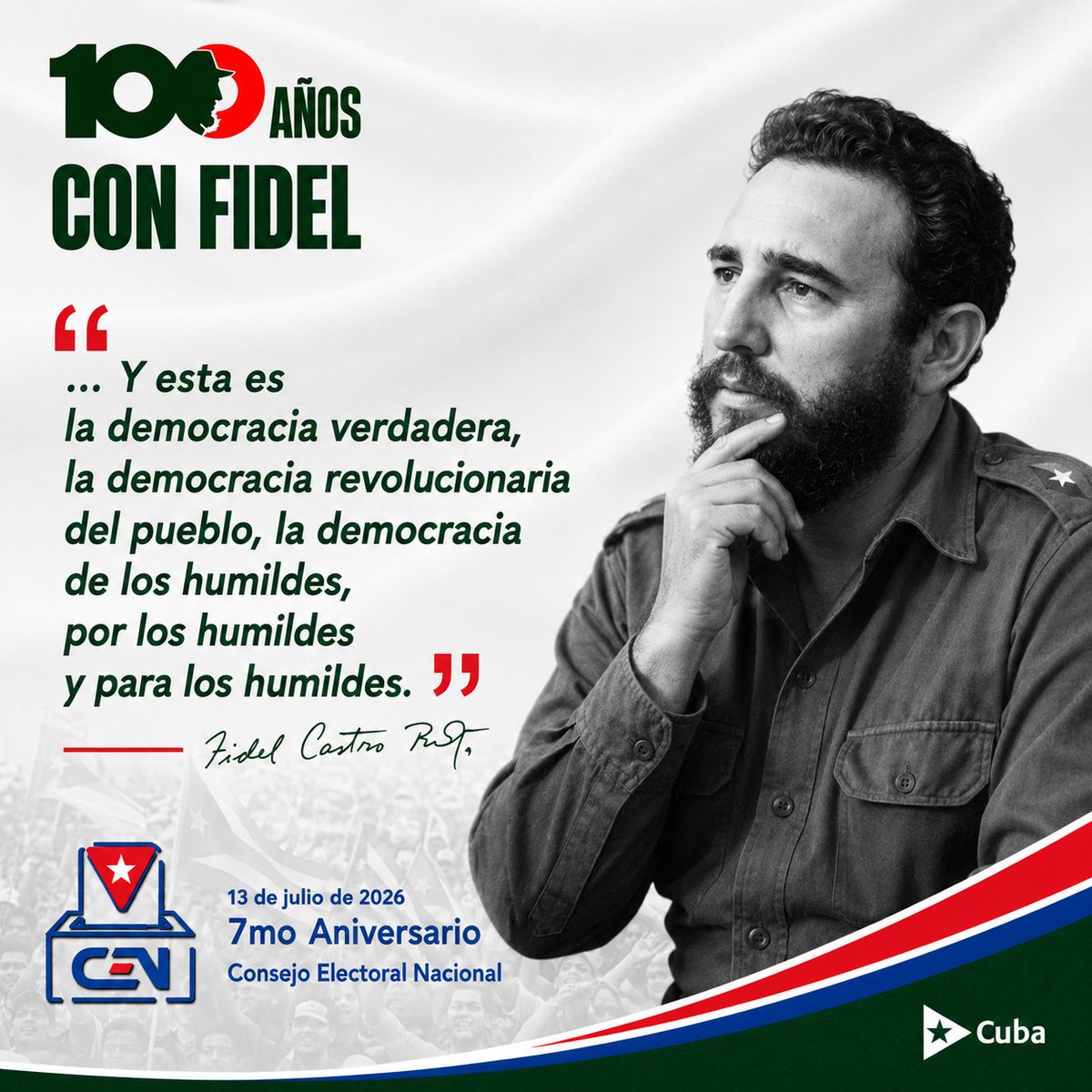 Elecciones_Cuba's tweet photo. #100AñosConFidel 🇨🇺
"¿Qué es la democracia? La democracia es el gobierno de las mayorías, dijeron unos; y es la verdad. La democracia, dijeron otros, es el gobierno del pueblo, por el pueblo y para el pueblo, y es verdad también..."🇨🇺 https://t.co/w77gqkygNJ