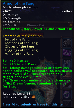 BwuhMG's tweet photo. Turns out if you're a druid and get the full "of the Fang" set from Wailing Caverns, you turn into a serpent in Forever https://t.co/EJANXlsVX8