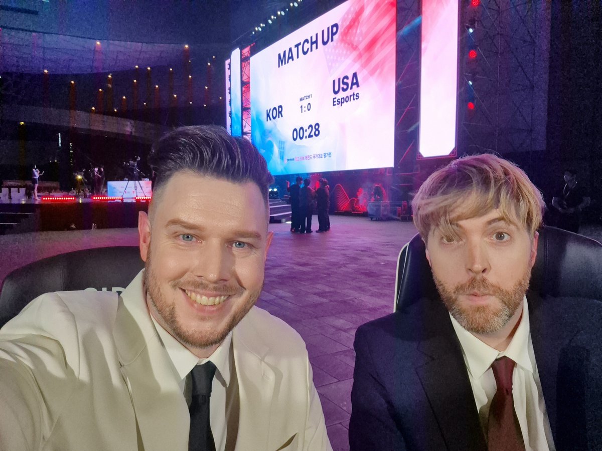 Atlustv's tweet photo. The Team Korea vs Team USA match has been really fun so far. A bit one sided but it's very cool seeing more of this national team.

This venue and vibe though is just awesome. If you have disney+ you should throw on the stream.

@proxywolf and I here in the wind ready to yell. https://t.co/5LpMq08bKQ