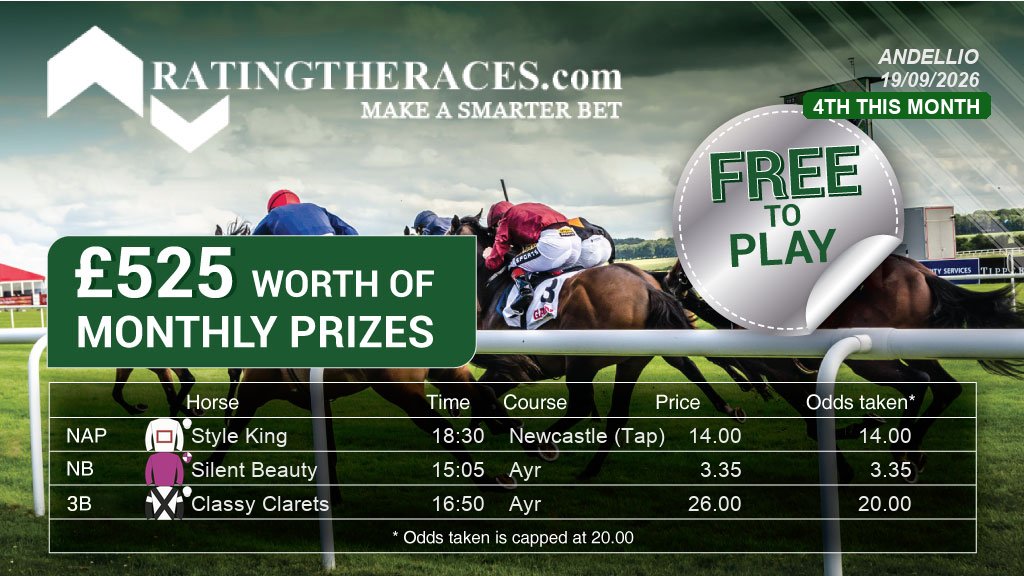 Andellio70's tweet photo. Here's my NAP, NB and 3B for Saturday:

NAP: Style King 18:30 @NewcastleRaces
NB: Silent Beauty 15:05 @AyrRacecourse
3B: Classy Clarets 16:50 @AyrRacecourse

I'm 4th this month.
Free to enter, daily prizes. Pick your three at @RatingTheRaces

#RTRNaps #HorseRacing https://t.co/GDz4cxXfC1