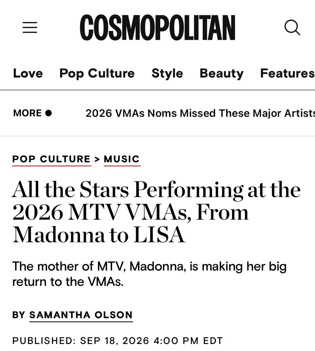 thisbbyslay's tweet photo. Cosmopolitan: #LISA is returning to the #VMAs 

— All the Stars Performing at the 2026 MTV VMAs, From Madonna to LISA

LISA will hit the stage to perform her new track, “SaWaDika,” while artists like RAYE, GENER8ION, and Yung Lean are set to make their VMA debuts.

After becoming the first K-pop soloist to win a VMA in 2022 and earning 10 nominations through her career, LISA is making the TV debut of her new single, “SaWaDika.”

As pop heads prep for this year’s ceremony on Sunday, September 27, here are all the artists performing at the 2026 MTV VMAs. You won’t want to miss ’em!