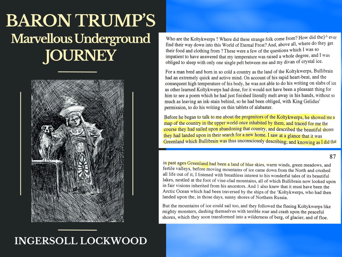 BradCGZ's tweet photo. Now that President Trump secured Greenland we can finally find out the true origins of the Koltykwerps!

In Baron Trump’s Marvellous Underground Journey, the Koltykwerps are the third of four underground societies he encounters.

While learning their origins, he immediately recognizes their homeland as Greenland — once a land of “blue skies, warm winds, green meadows and fertile valleys, before moving mountains of ice came down from the north and crushed all life out of it.