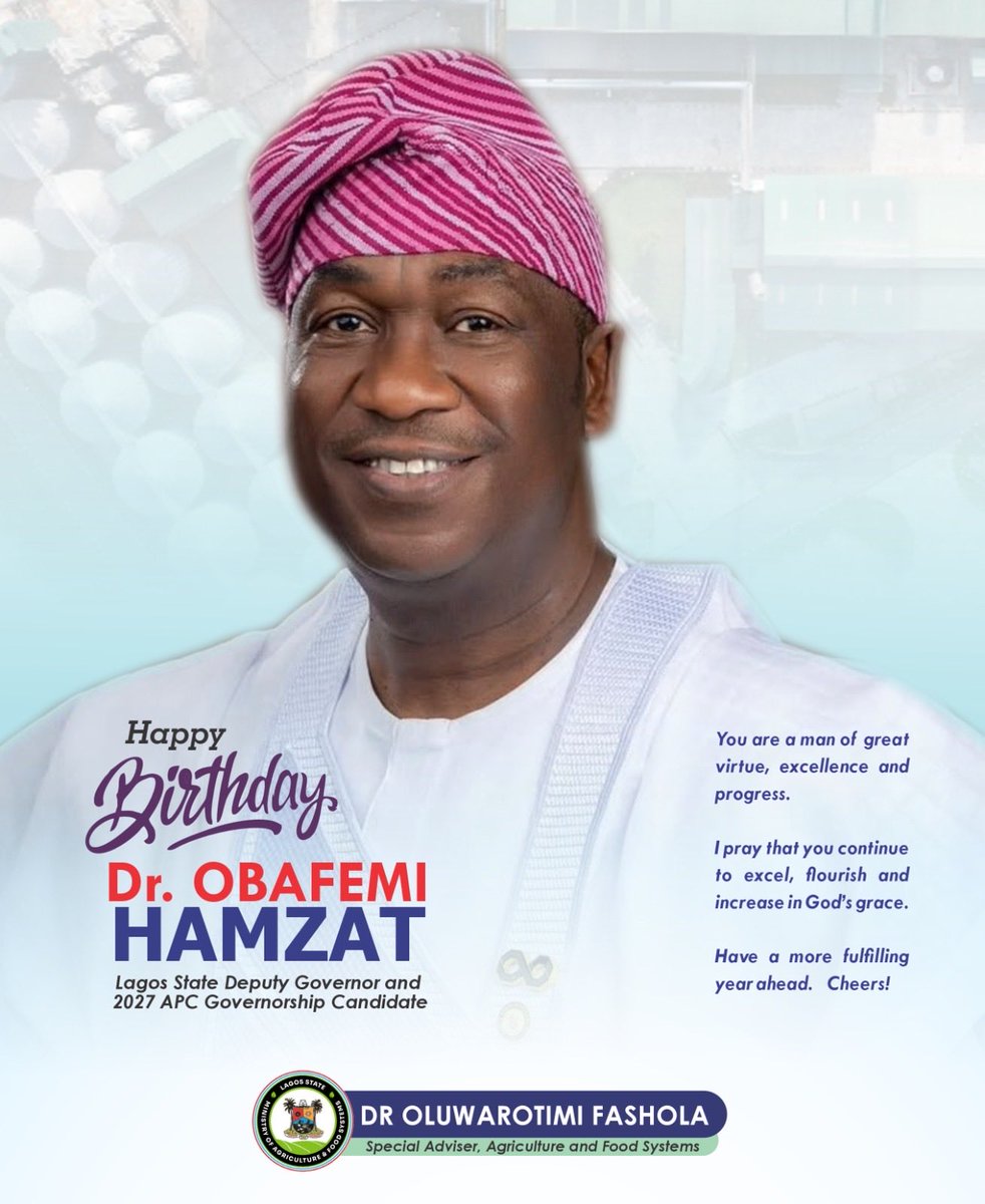OOFashola's tweet photo. Today, I warmly celebrate a trailblazer, a visionary leader, an agricultural engineer, and an exemplary public servant, Dr. Kadri Obafemi Hamzat.

Your remarkable track record, vision, excellence, and unwavering dedication to the development of Lagos State continue to inspire. https://t.co/fetTMkEc5F