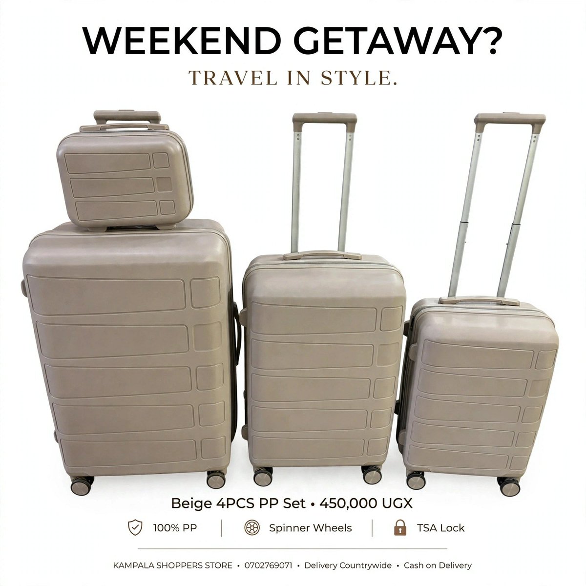 KShoppersUG's tweet photo. WEEKEND GETAWAY? TRAVEL IN STYLE. ☕

Beige • 4PCS • 450,000 UGX
Colours: Beige | Black | Pink Available

✓ 100% PP | Spinner Wheels Visible | TSA Lock

📍 KAMPALA SHOPPERS STORE
📲 0702769071

#WeekendGetaway #450kUG #SpinnerWheels #KSS #TravelUG https://t.co/E8wxsjGcr4