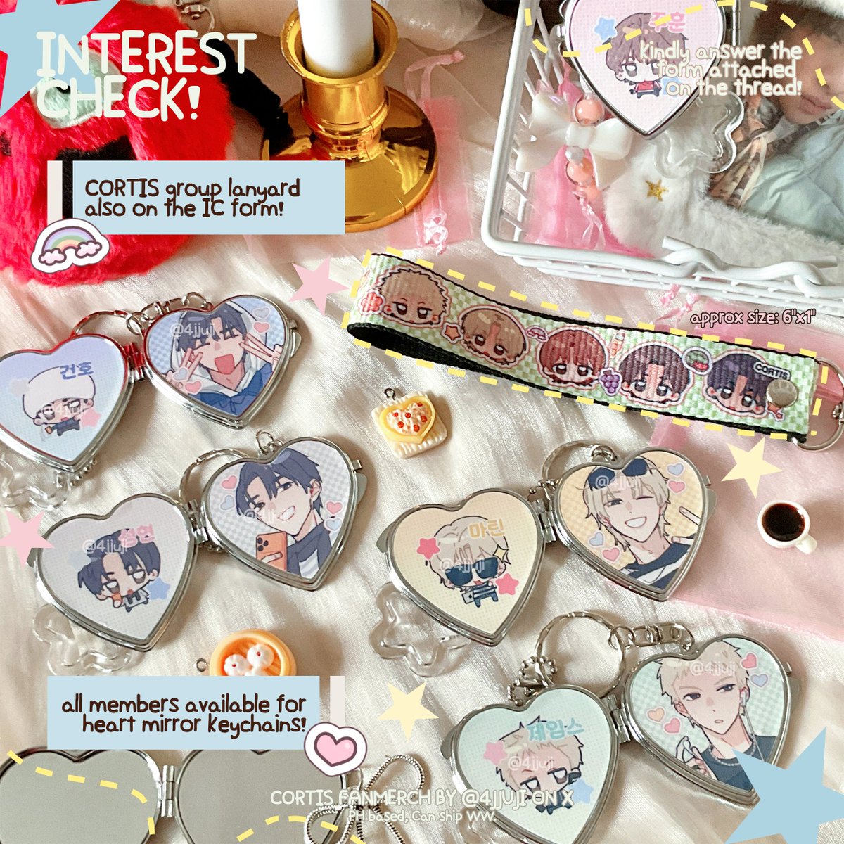 4jjuji's tweet photo. [ .*☆ RTs 💝CORTIS fan merch Interest Check! ] 

i made heart mirror keychains + group lanyard 🔅 
if you're interested on getting, pls help me decide the final price by indicating your budget~ all are illustrated and produced by me!

🇵🇭based, open WW/GO🌐
ic link ⬇️ https://t.co/TYrqJnZC98
