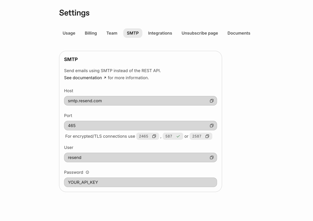 Resend SMTP 官方参数设置面板