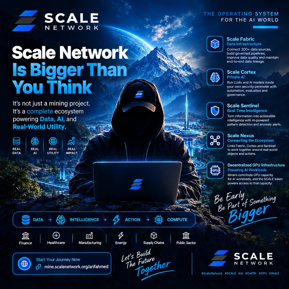 CryptoGuyScale's tweet photo. 🚀 Scale Network Is Bigger Than You Think.

At first glance, you might see Scale Network as another mining or crypto project.

But look deeper. 👀

Scale is positioning itself as “The Operating System for the AI World” — bringing together data infrastructure, private AI, intelligent automation, real-time operations, and decentralized GPU computing.

Here’s what makes the ecosystem interesting:

🔹 Scale Fabric — Data Infrastructure
Connect data from 200+ sources, build governed pipelines, improve data quality, and maintain end-to-end data lineage.

🔹 Scale Cortex — Private AI
Run LLMs and AI models inside an organization’s own security perimeter, while supporting AI agents, automation, evaluation, and governance.

🔹 Scale Sentinel — Real-Time Intelligence
Combine information from multiple sources, identify patterns and anomalies with AI, and turn operational data into actionable intelligence.

🔹 Scale Nexus — Connecting the Ecosystem
Nexus is designed as a shared layer that can connect Fabric, Cortex, and Sentinel so they can work together around real-world objects and actions.

🔹 Decentralized GPU Infrastructure
Scale also describes a compute network where miners contribute GPU capacity for AI workloads, with the SCALE token designed to power access to that capacity.

And this is the part I find especially interesting:

Data → Intelligence → Action → Compute
The goal isn't simply to create another token.

It's about building infrastructure around how organizations can use their data and AI in real-world environments.

Finance. Healthcare. Manufacturing. Energy. Supply chains. Public-sector operations. These are the types of use cases Scale highlights for its platform.

🔥 This is why I believe Scale deserves a closer look.

I'm getting involved early and exploring the ecosystem from day one.

If you want to discover Scale Network and start your journey:

👉 https://t.co/rUHHgkvazh

Don't just look at the token.

Look at the infrastructure being built behind it. 🧠⚡

@ScaleNetworkAI @chrisP_scale 

#ScaleNetwork #SCALE #AI #DePIN #GPU #ArtificialIntelligence