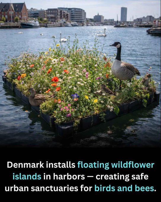 Rainmaker1973's tweet photo. Denmark, particularly in Copenhagen, has installed floating platforms/islands planted with wildflowers and native vegetation in its harbors and canals. 

These create safe urban habitats and sanctuaries for birds, bees, pollinators, insects, and even some aquatic life. https://t.co/gog3V26WfZ