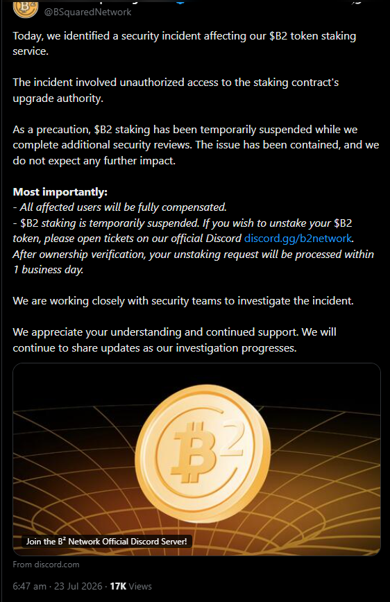 0xTurtleC's tweet photo. What if the most interesting part of the B2 hack wasn’t who sold 8.59M tokens?
What if it was who bought them?

Watching B2 suddenly move from the $0.4s toward $0.8 made me go back to the July exploit. The deeper I looked at the timeline, the more interesting it became.

On July 22–23, someone gained unauthorized access to the upgrade authority of B2’s staking contract. This wasn’t simply someone finding a normal withdrawal bug. They gained access to a permission capable of changing how the contract behaved.

Then 8.59M B2 were drained, worth roughly $3.86M at the time. The attacker didn’t slowly exit either they dumped the position into the market for around 5,409 BNB.

Because liquidity was thin, they reportedly realized only around $3M. Nearly $850K disappeared through slippage and price impact alone.

B2 crashed toward $0.31.

Normally, after a multimillion-dollar exploit and a forced dump like that, you would expect the market to stay broken for a while.

But that’s not what happened.

Roughly one day later, B2 was already closing back above $0.42. Within about a week, it was trading around $0.47 again.

That’s the part I keep coming back to.
Someone absorbed the panic.
Someone absorbed the forced supply.

And there’s another detail that makes this case even more interesting. Security researchers reported that the wallet involved in the drain had held a privileged role connected to the contract since 2025, and that role was reportedly revoked only after the tokens were already gone.

We still don’t publicly know exactly how that privileged access was obtained.

Now, I want to be careful here: I have no proof that the B2 team engineered the exploit. An external compromise, stolen credentials, or another security failure is completely possible.

But there’s another scenario worth thinking about.
The exploit happens. Millions of B2 are forced into a thin market. Retail sees a multimillion-dollar security incident and panics. Price trades into the $0.30x.

At the same time, participants with deeper liquidity, stronger conviction or simply better information suddenly get access to supply at prices nobody wanted just hours earlier.

And now, roughly two months later, B2 suddenly moves toward $0.8 while I still can’t find one obvious public catalyst that cleanly explains the entire move.

Maybe it’s momentum. Maybe it’s a short squeeze. Maybe the market is front-running something that hasn’t been announced yet.

Or maybe the people who absorbed the July panic simply understood the setup better than everyone else.

I don’t know the answer yet, but I think we may have been looking at the wrong wallet.
Everyone followed the hacker.
I want to know who bought the fear.

Who accumulated B2 after the exploit? Where did that capital come from? Are those wallets still holding? And are any of them moving tokens now that B2 is trading near $0.8?

That’s the trail I want to follow next.
The hacker is already known.
The buyers are more interesting. 🐢

Personal research and speculation. This is not an allegation of wrongdoing or financial advice.

#TURTLEC #B2 $B2