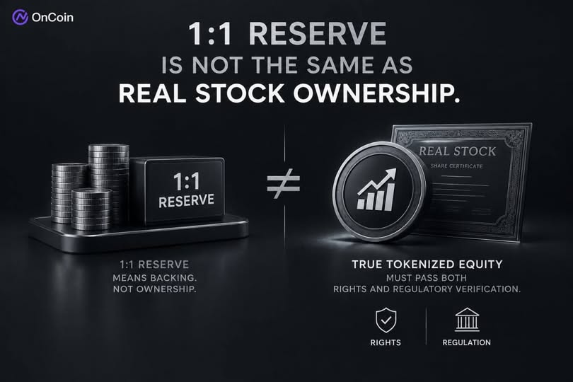 OnCoinLive_'s tweet photo. “1:1 reserves” do not mean actually owning the stock. 📷
The SEC’s latest exemption sends a clear signal: 

future competition in the RWA space will focus not only on whether assets are brought on-chain, but also on whether users’ legal rights, custody structures, and liquidation priorities are clearly defined.

True tokenized equity must pass both legal and regulatory scrutiny.

#RWA #Crypto