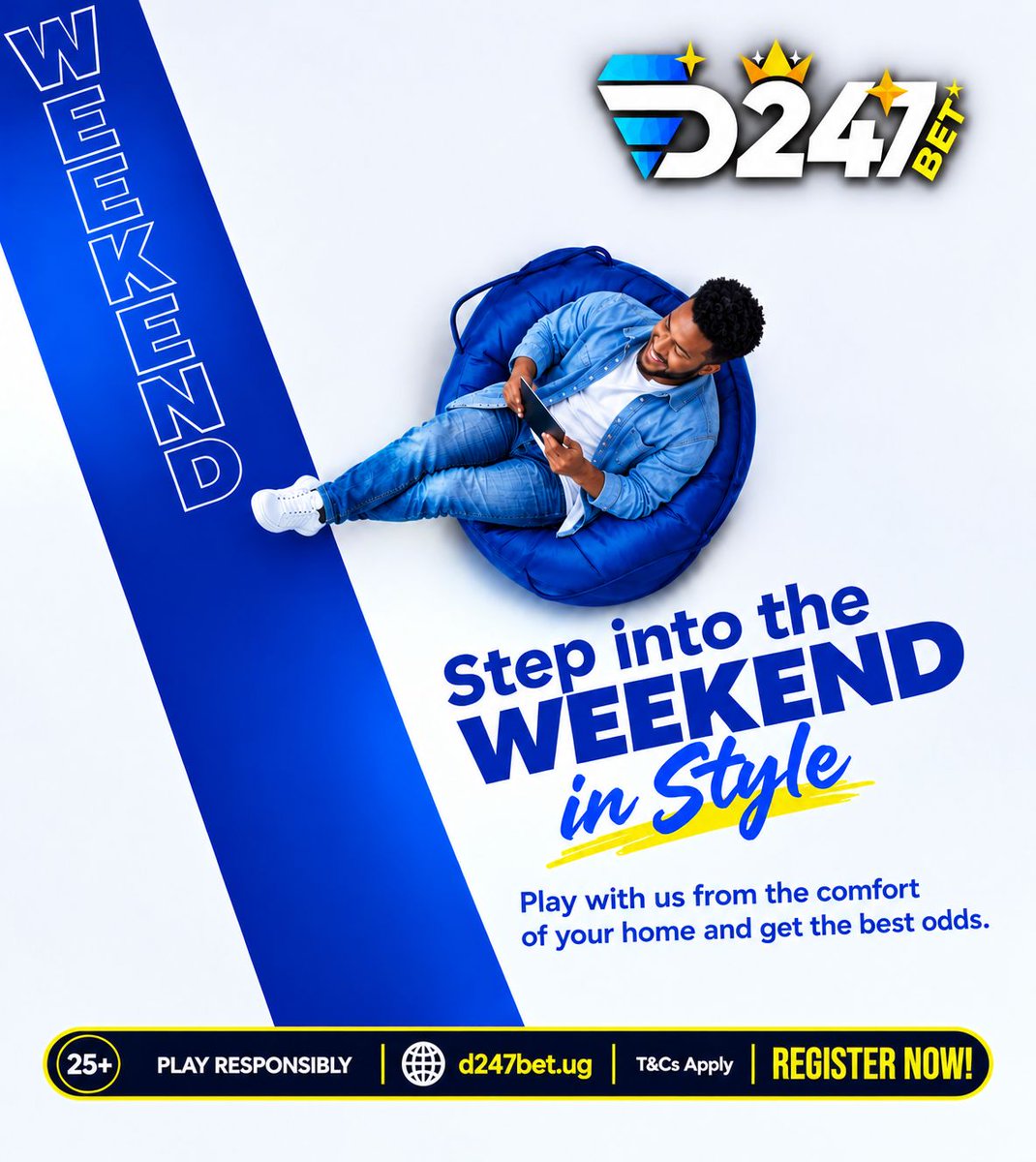 D247bet's tweet photo. 🔥 Step into the weekend in style! 💙💛
Enjoy the action from the comfort of your home with D247 Bet. ⚽🎰✈️25+ | Play Responsibly | T&amp;Cs Apply
#D247Bet #WeekendVibes #PlayResponsibly https://t.co/fL2GGqV49K