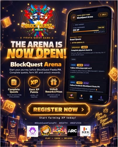 blockquestph's tweet photo. 🚨 THE BLOCKQUEST ARENA IS OPEN! ⚔️

Complete quests, earn XP, unlock rewards, and climb the Arena! 🏆

Your journey starts NOW!

👉 Register: https://t.co/BHHeQYh3Zq

ENTER THE ARENA. COMPLETE THE QUEST. CLAIM REWARDS.

#BlockQuestFiestaPH #BQFPH #BQF2026 https://t.co/VvkW1sVwEP